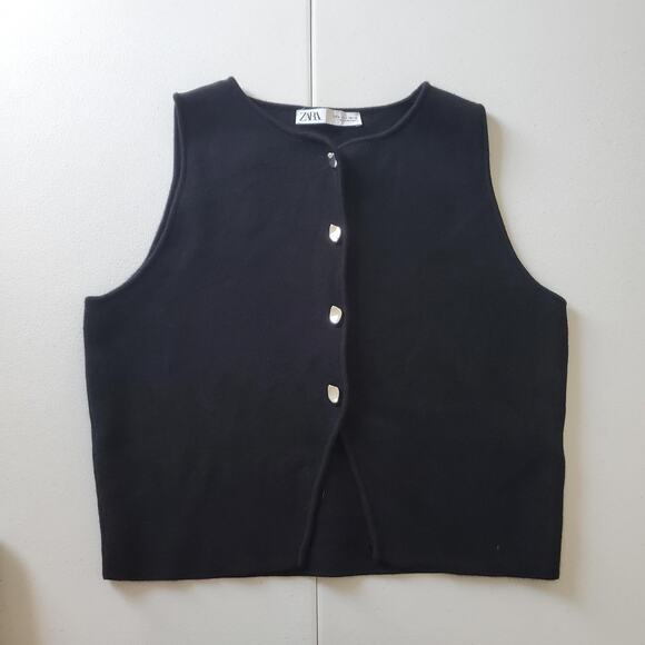 Zara Sweater Vest Top Womens Large Black Knit Sleeveless Button Front Whimsigoth - Picture 1 of 7